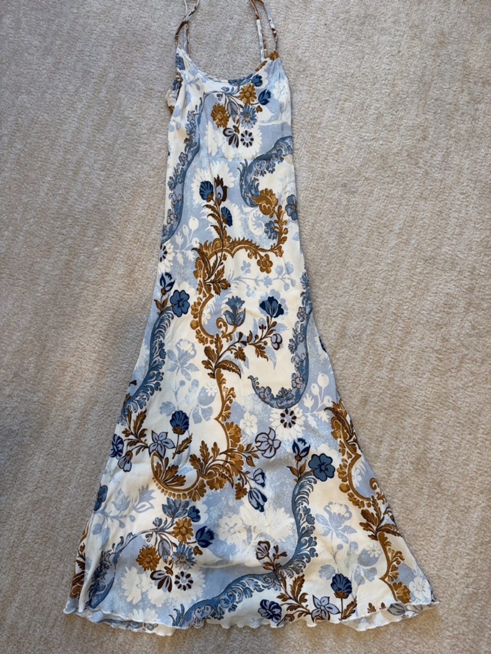 Reformation Emerick Cream Maxi Slip with Blue and Tan Floral